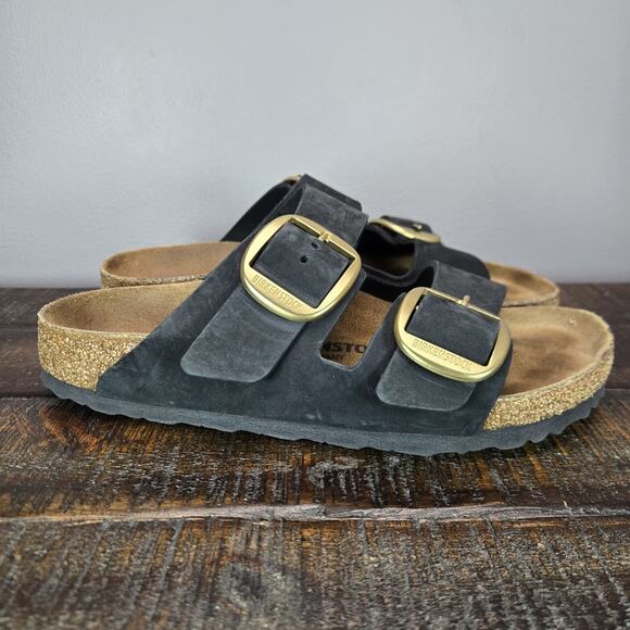 Birkenstock Arizona Big Buckle Womens Size 7 EU 38 Narrow Sandal Black Gold - Picture 1 of 10